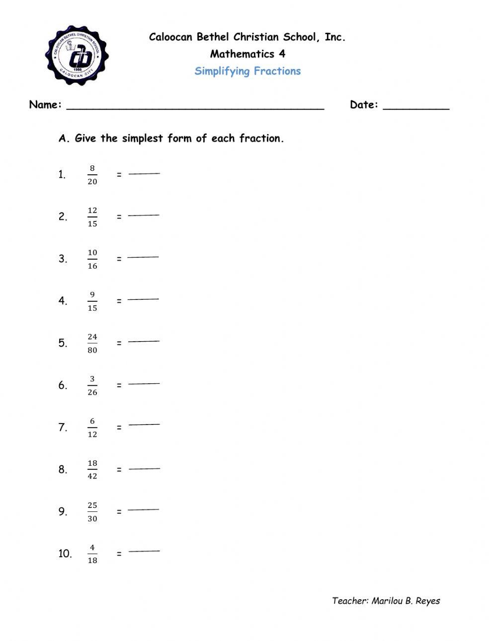 Free Printable Reducing Fractions Worksheet