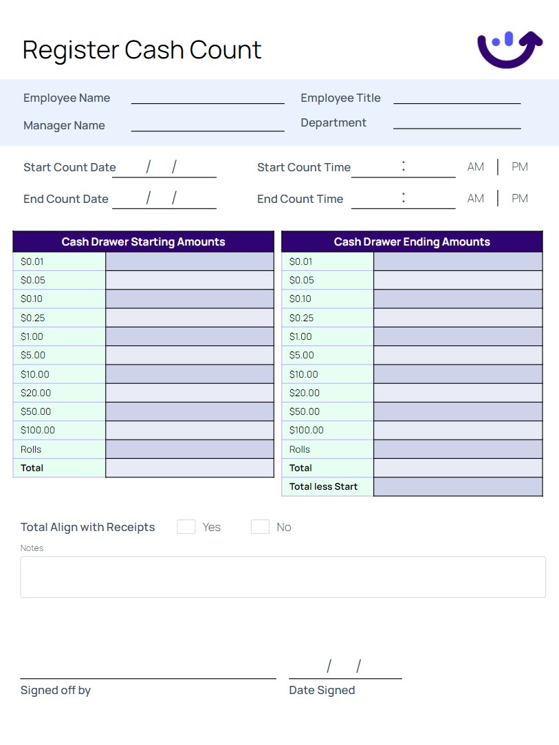 Printable Safe Count Sheet