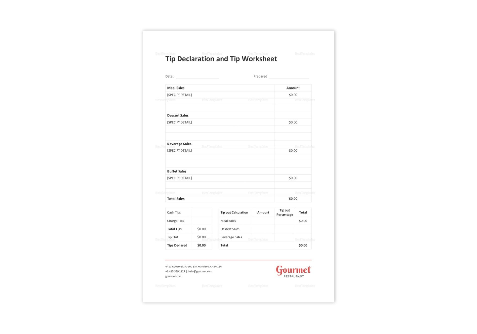 Restaurant Tip Declaration And Tipout Worksheet Template Best Templates