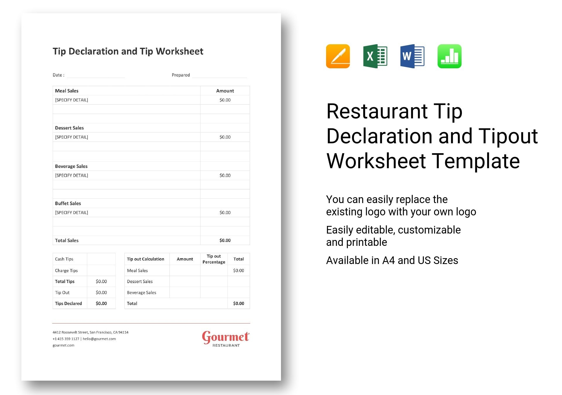 Restaurant Tip Declaration And Tipout Worksheet Template Best Templates