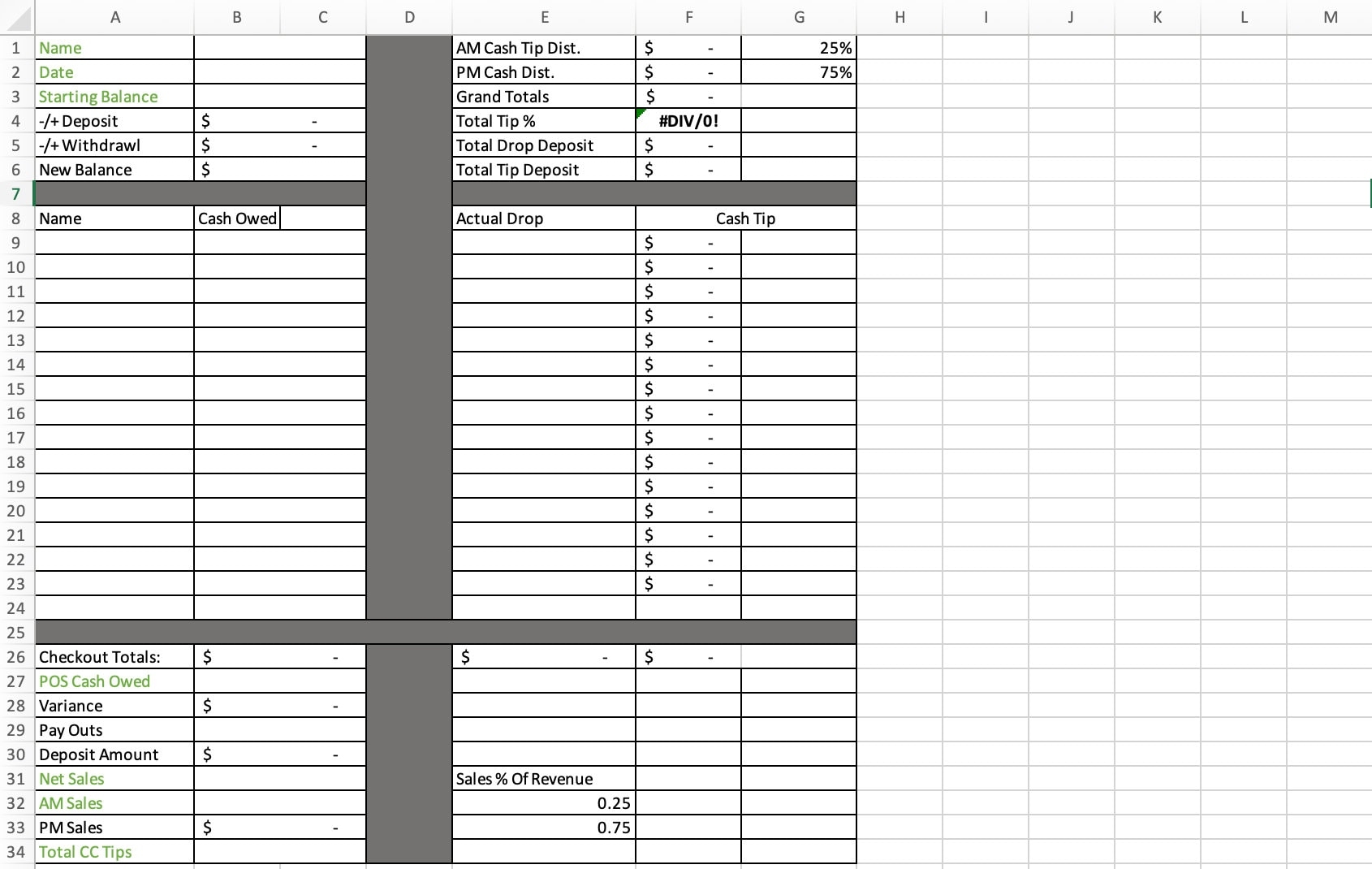 Printable Restaurant Tip Chart