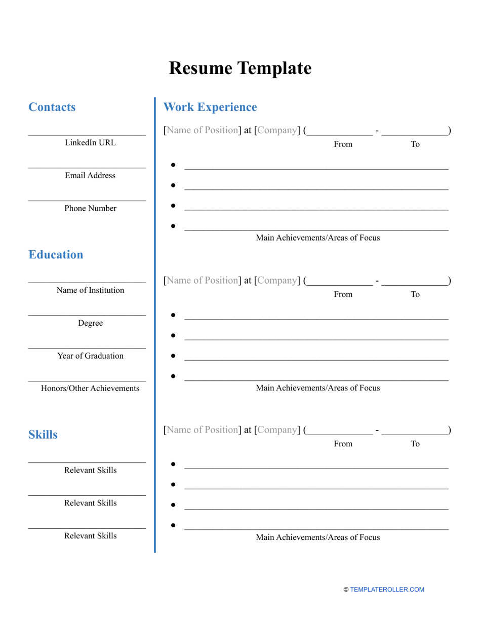 Resume Template Download Printable PDF Templateroller