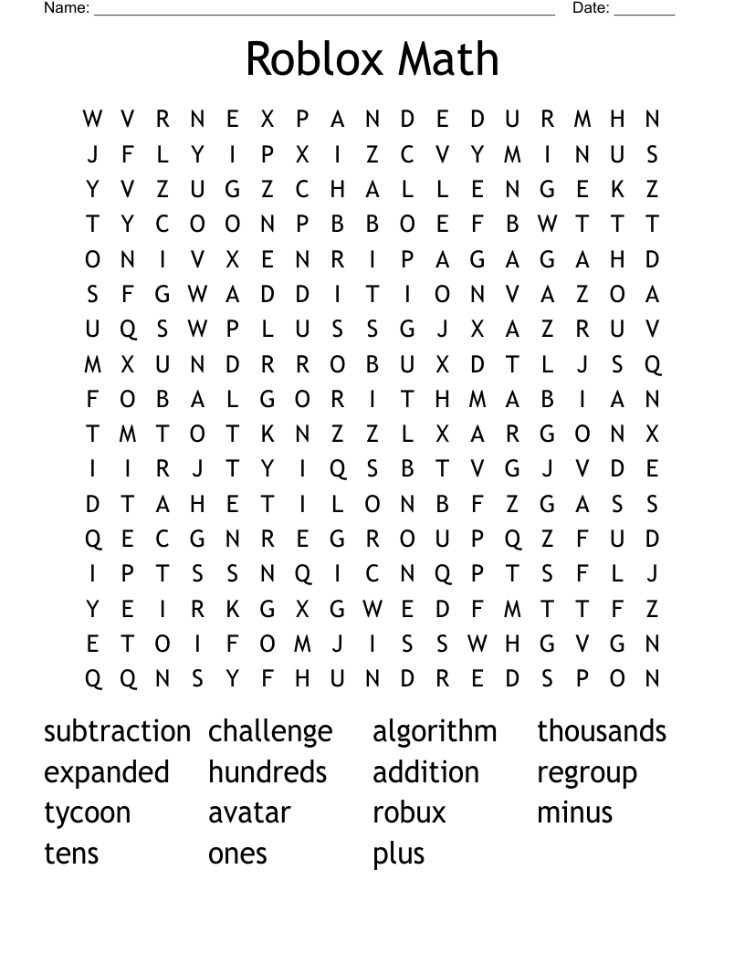 Roblox Math Word Search WordMint