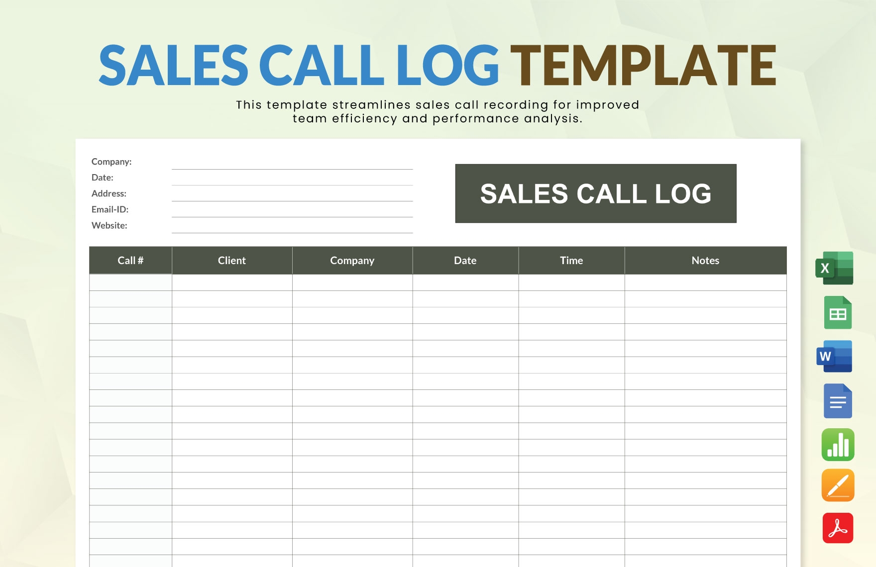 Sales Call Log Template In Apple Numbers PDF Word Apple Pages Google Docs Excel Google Sheets Download Template