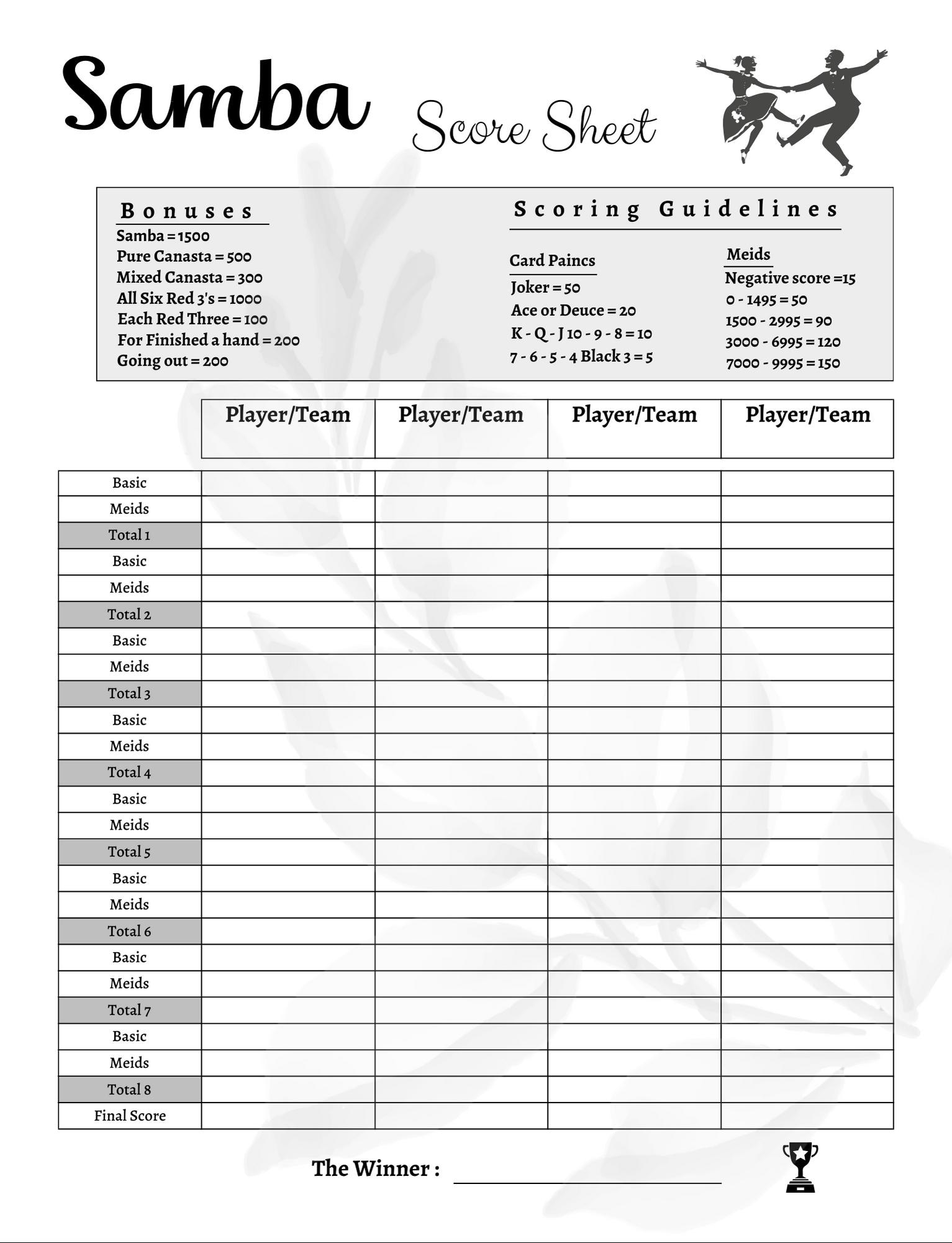 Samba Score Sheet Canasta Card Game Printable PDF Game Scorecard Digital Download Etsy Finland