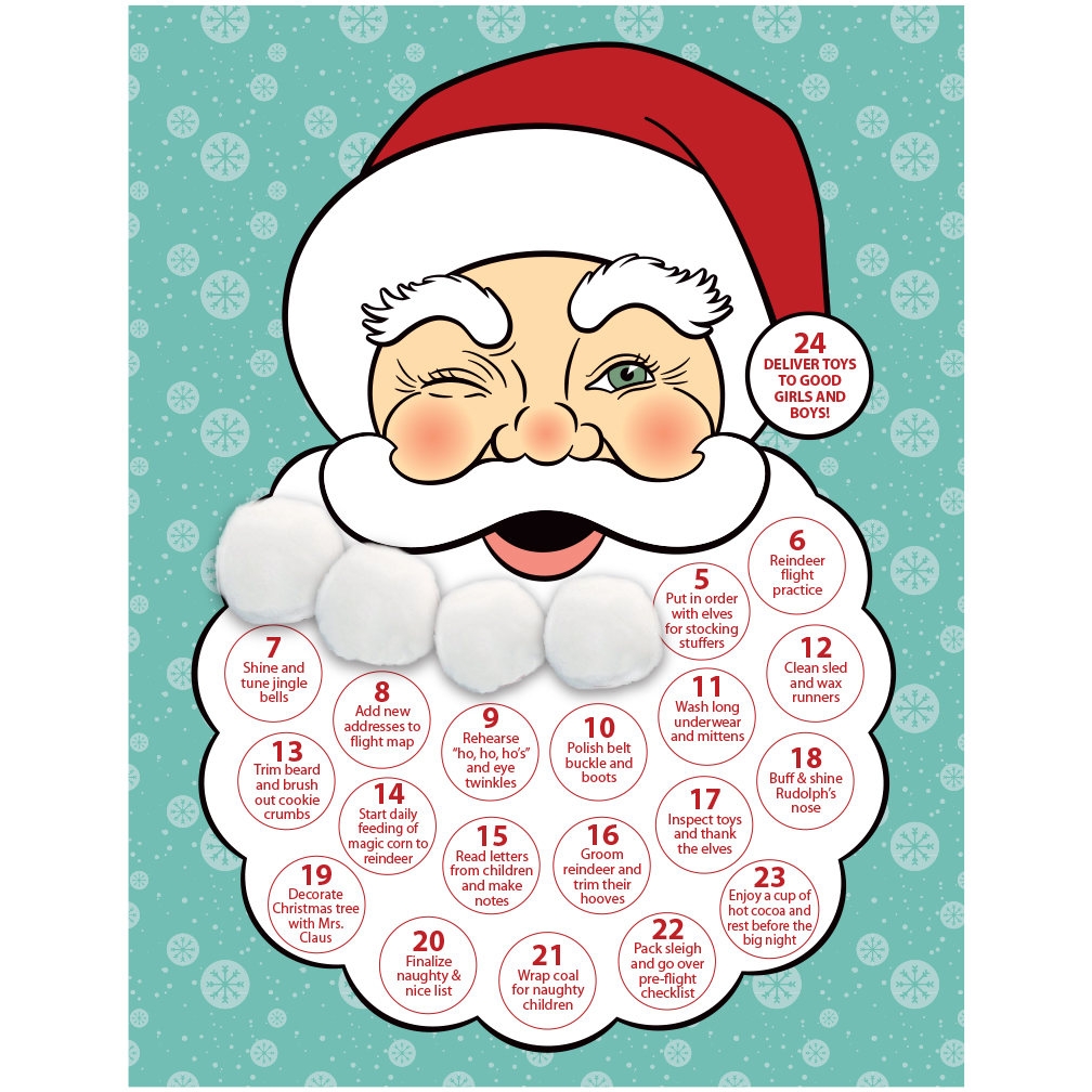 Santa Advent Calendar Printable Christmas Countdown Calendar Santa Claus Countdown Santa Cotton Ball Beard Christmas Printable For Kids Etsy