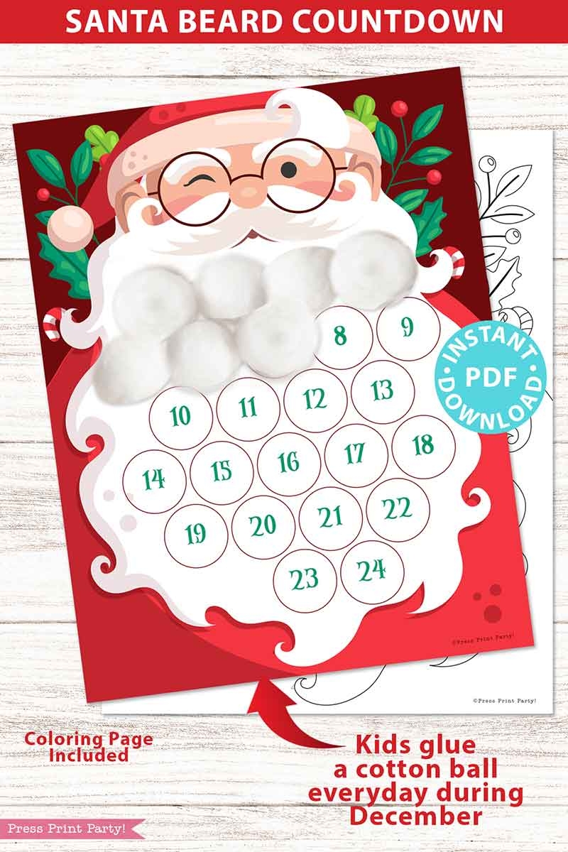 Santa Beard Countdown Christmas Advent Calendar Press Print Party