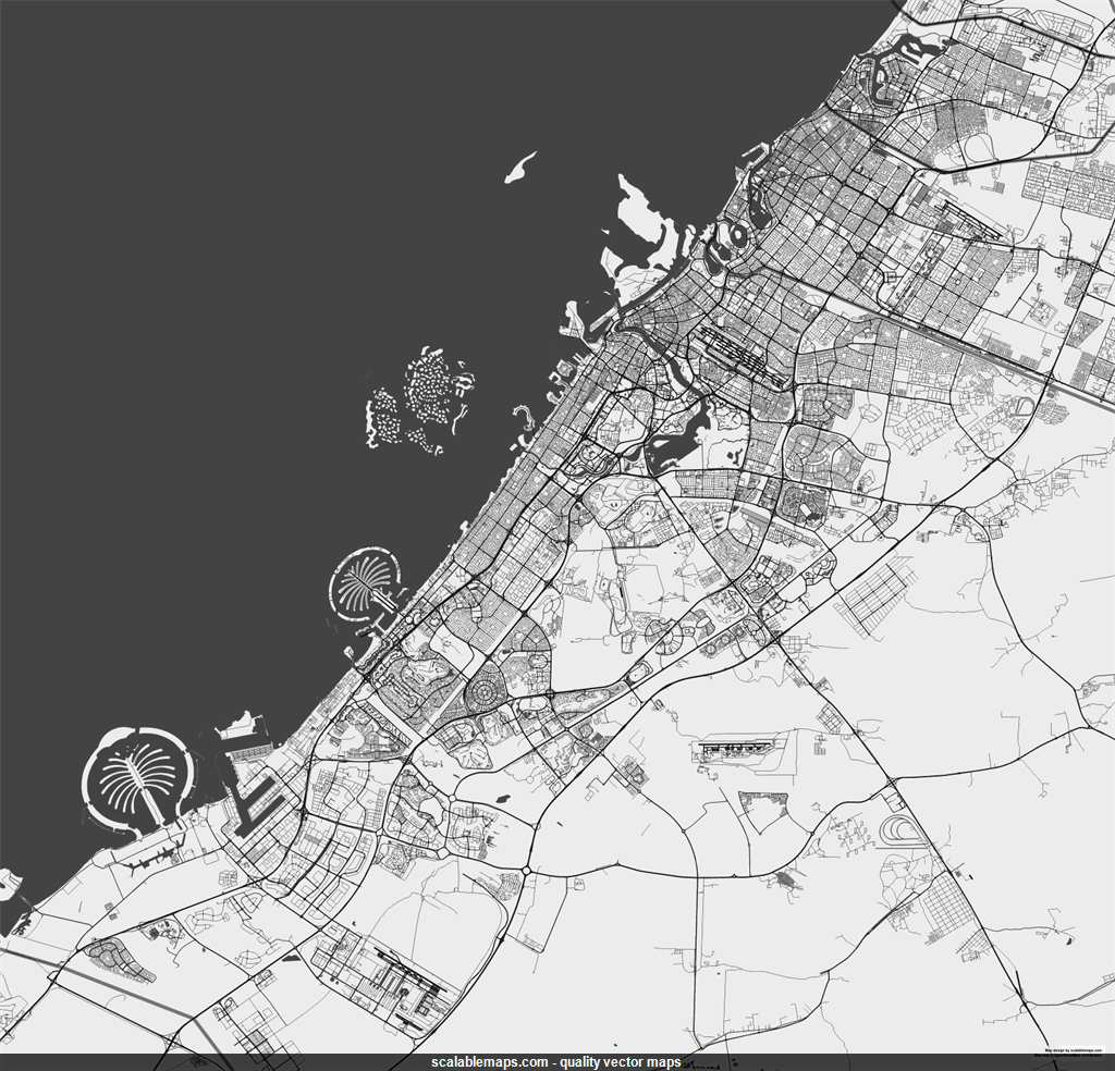 ScalableMaps Vector Map Of Dubai black White No Labels Theme 