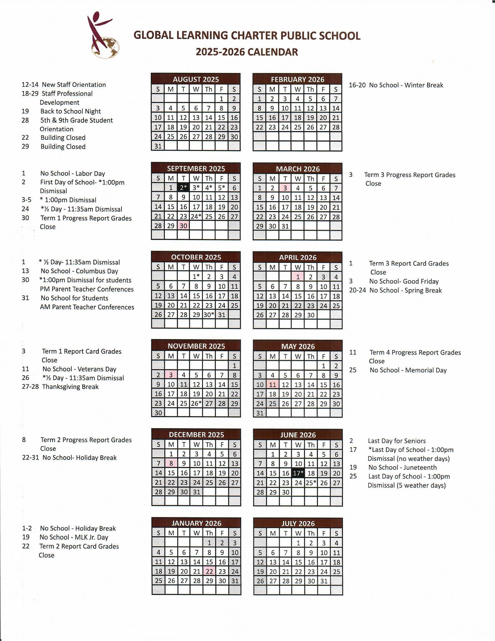 School Year Calendar Families Global Learning Charter Public School