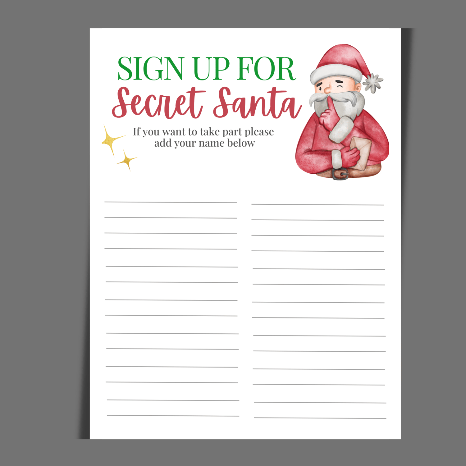 Secret Santa Sign Up Sheet Printable