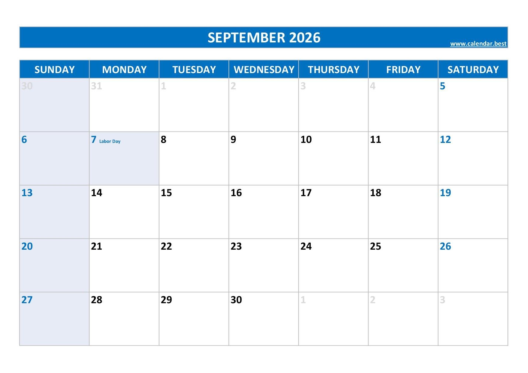 Free Printable September 2026 Calendar Pdf
