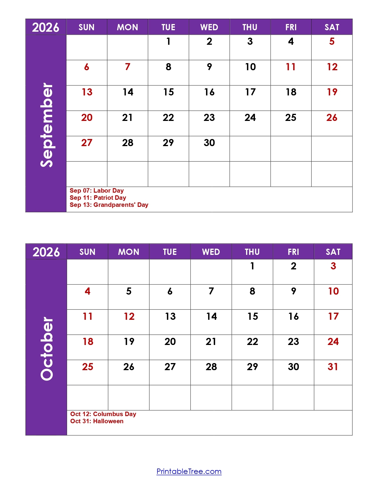 September And October 2026 Calendar Printable PDF 2 Month Calendar Template