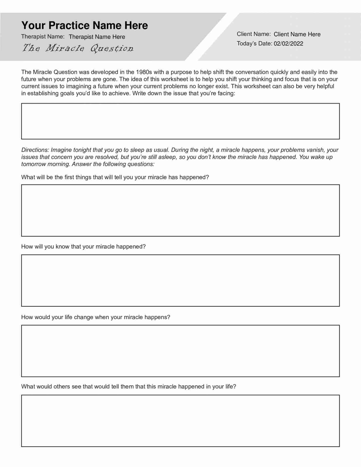 SFBT Miracle Question Worksheet PDF TherapyByPro