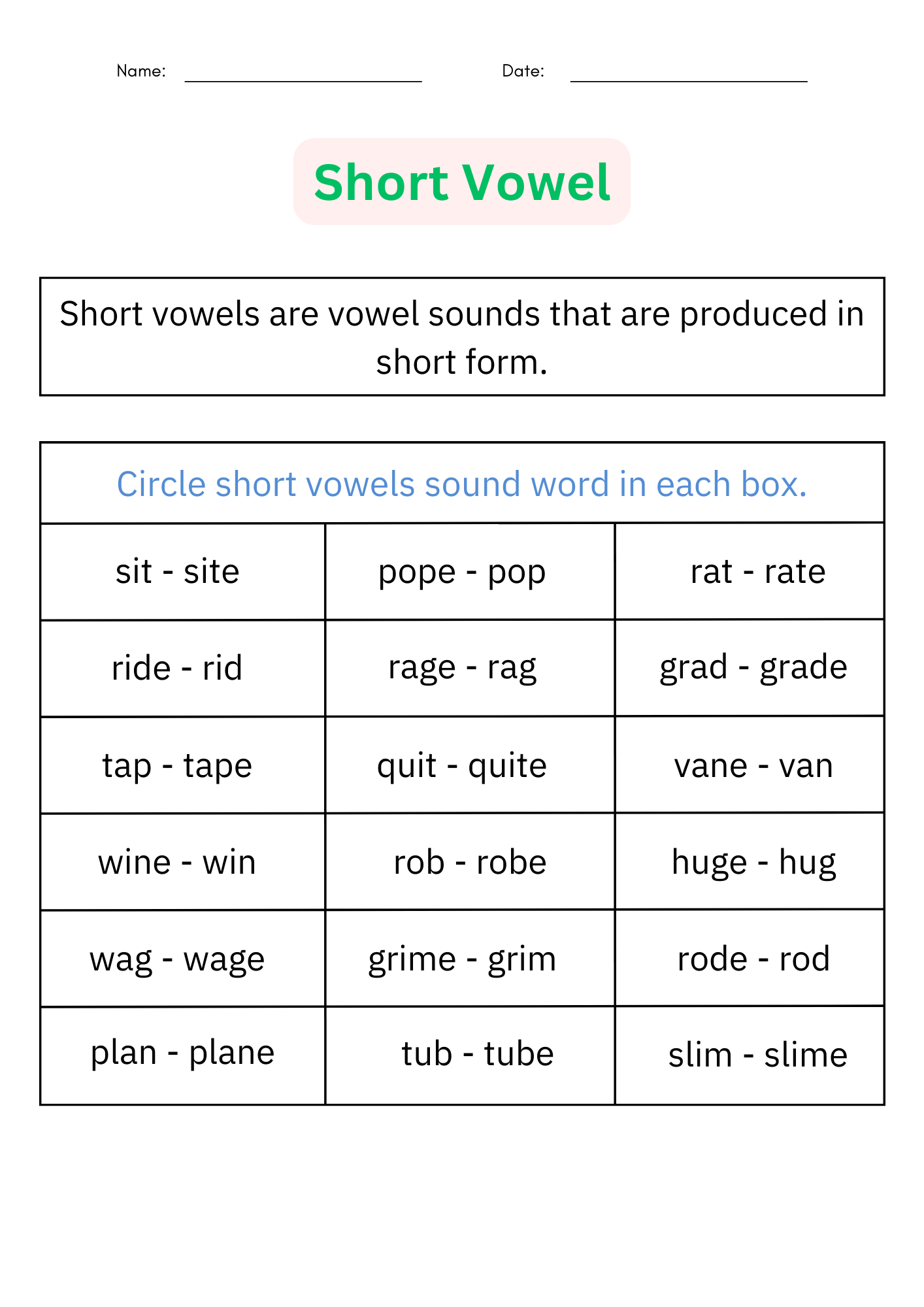 Printable Long And Short Vowel Chart