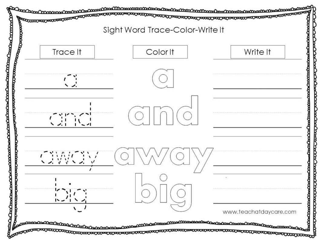 Sight Words Worksheet Trace Color Write Pre k Activity printable Etsy