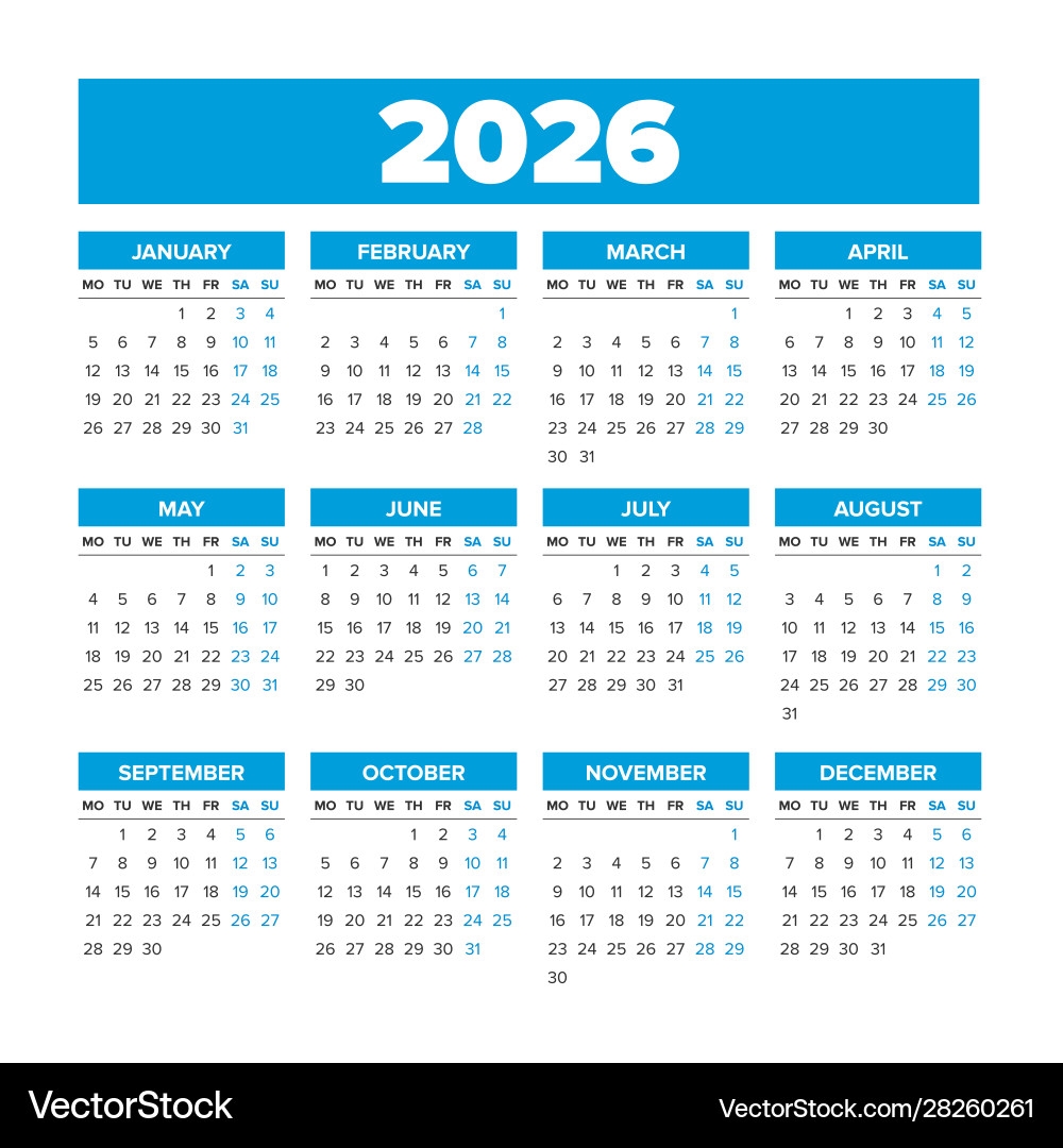 Simple Calendar 2026 Weeks Start On Monday Royalty Free Vector VectorStock