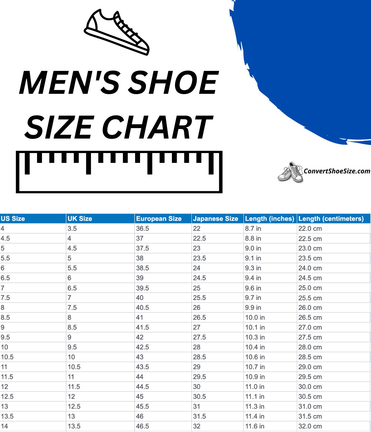 Men's Shoe Size Printable Chart