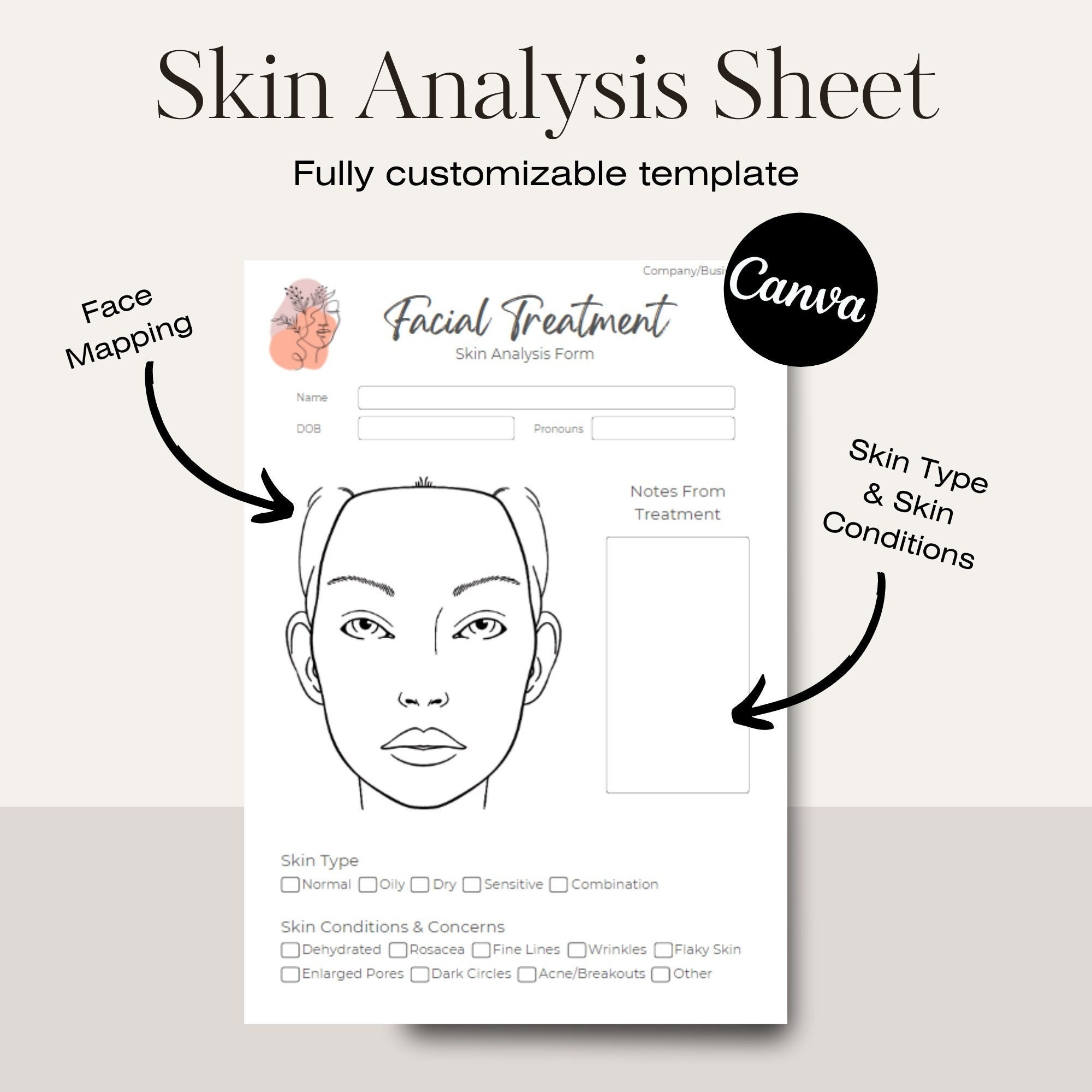 Skin Analysis Form Editable Facial Template Facial Treatment Form Facial Skin Analysis Sheet Treatment Record Card Client Form Etsy