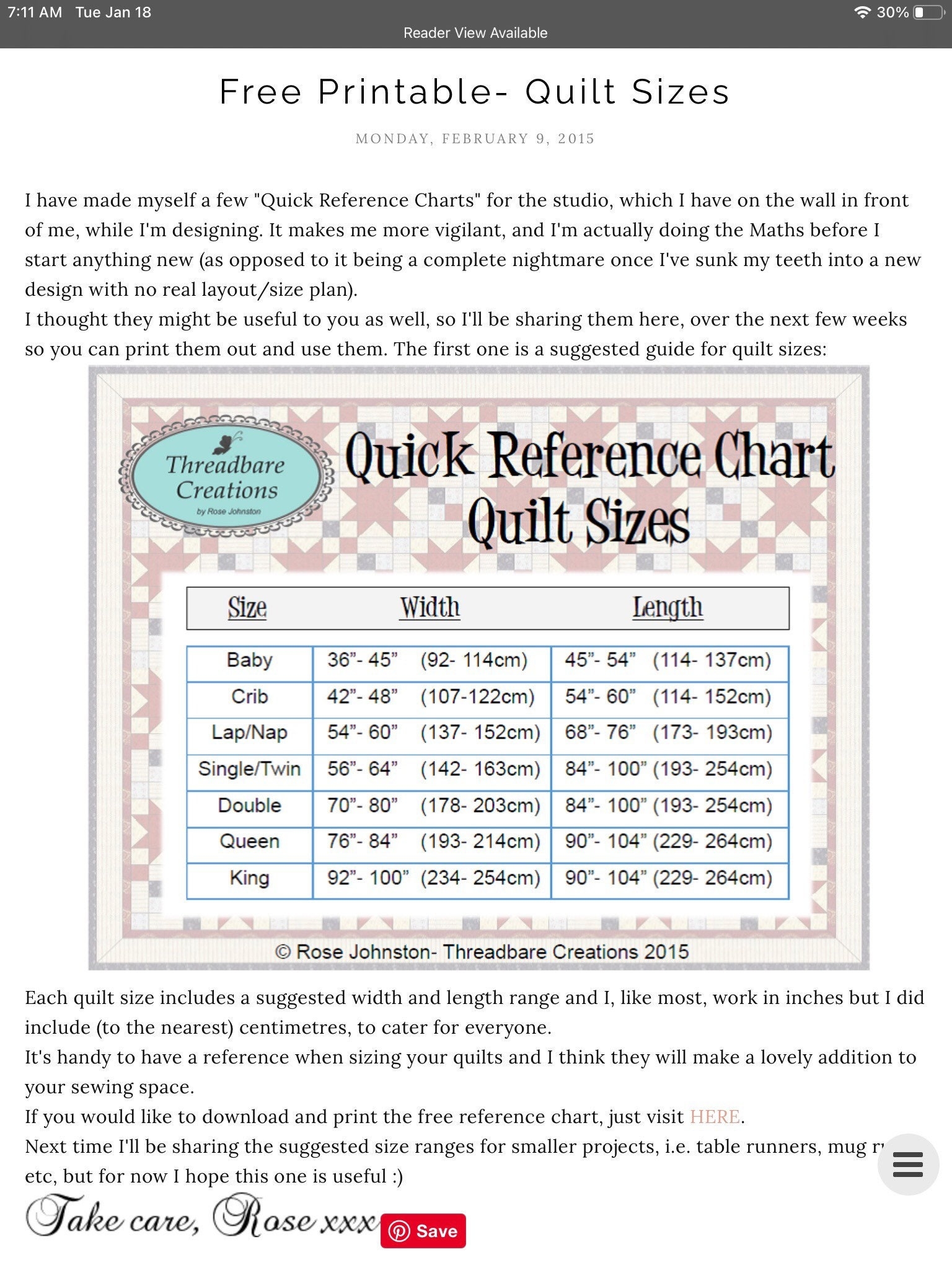 Free Printable Quilt Size Chart