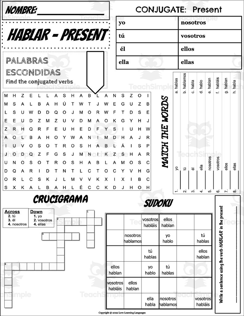 Spanish Hablar Conjugation Worksheet By Teach Simple