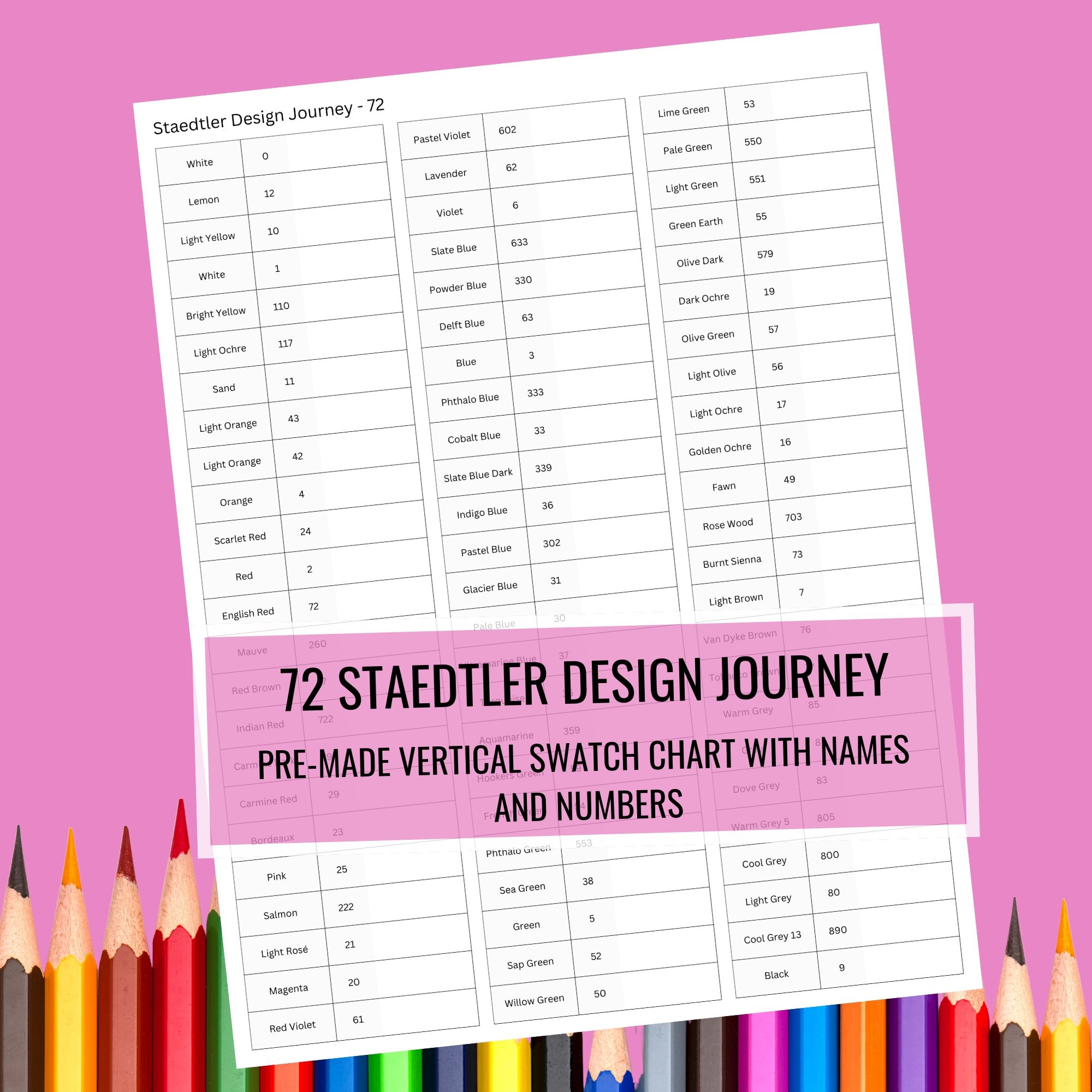 Staedtler Design Journey 72 Colored Pencil Swatch Chart US LETTER A4 