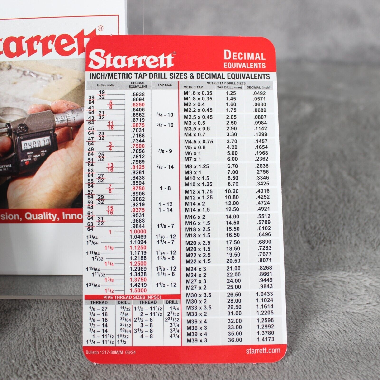 STARRETT Tap Drill Size Chart Decimal Equivalent Metric Equivalent Pocket Cards