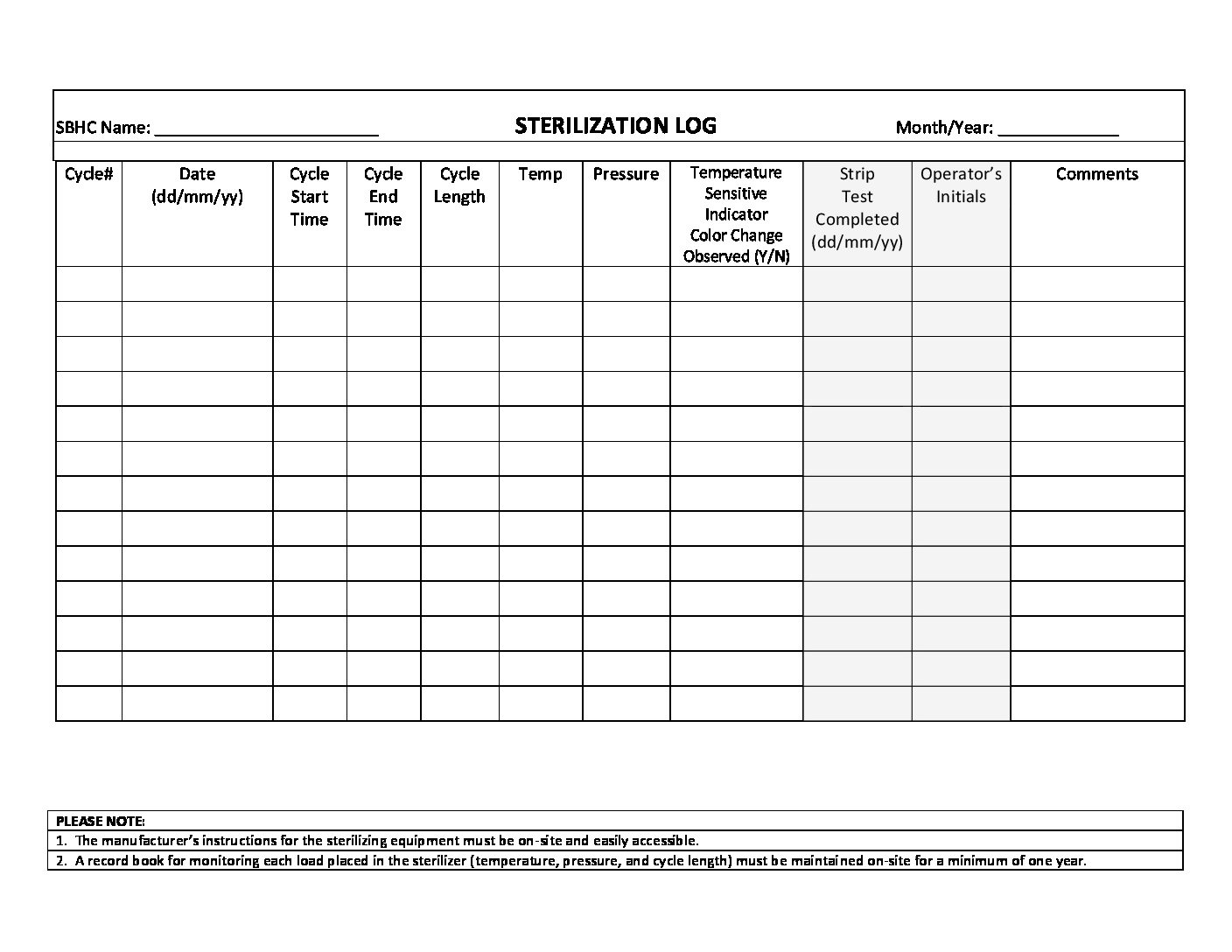 Sterilization Log Sample Form 1 New Mexico Alliance For School Based Health Care