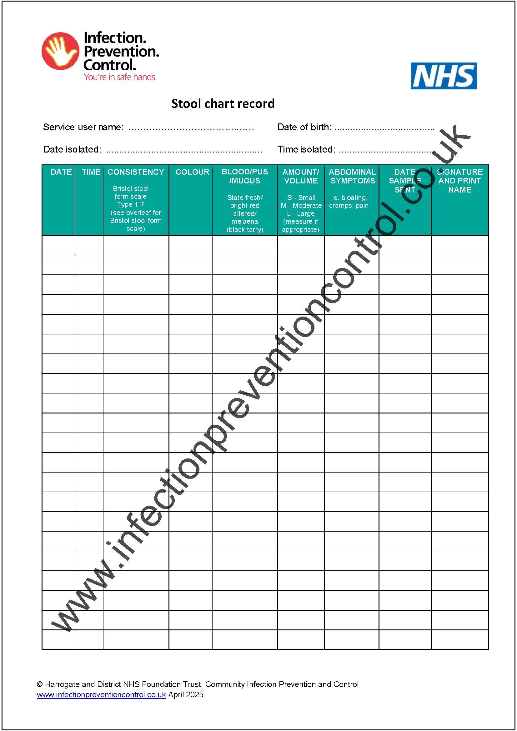 Printable Bristol Stool Chart Recording Sheet