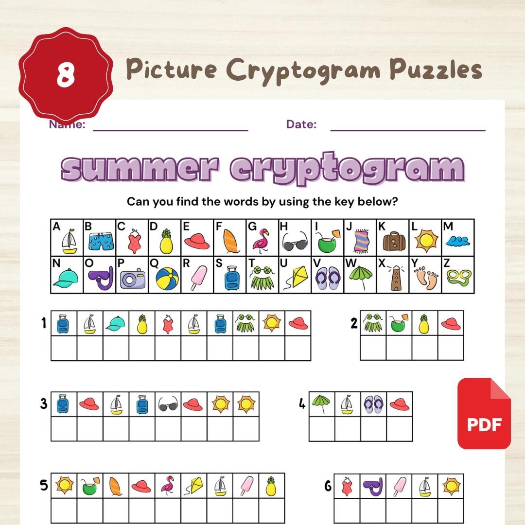Summer Picture Cryptogram Puzzle Montessori Learning Activity PDF Download Etsy