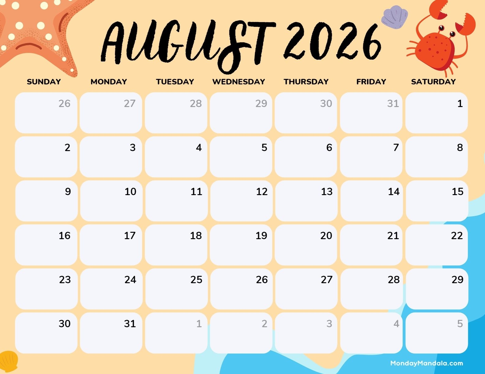 August 2026 Calendar Printable Free