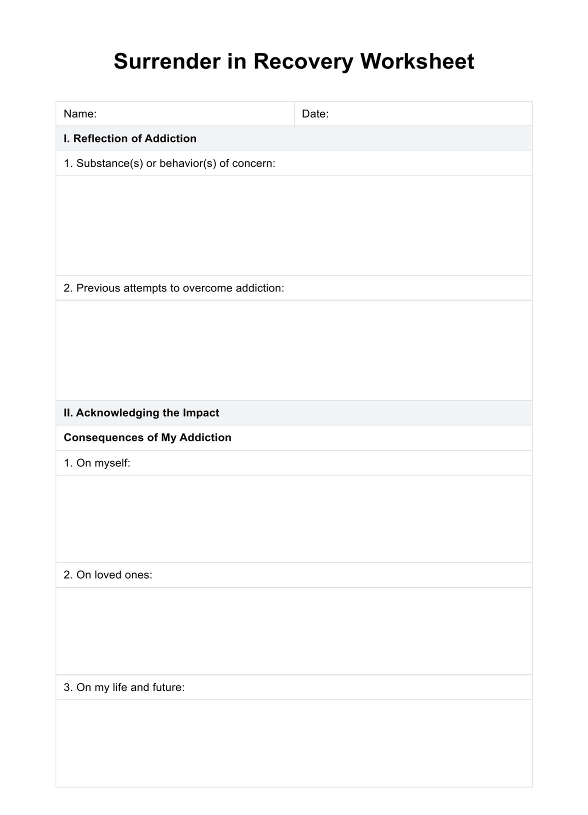 Surrender In Recovery Worksheet