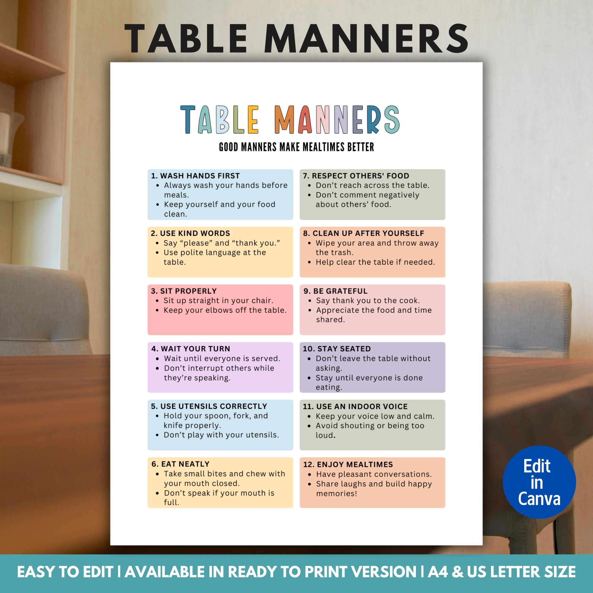 Table Manners Chart Etsy