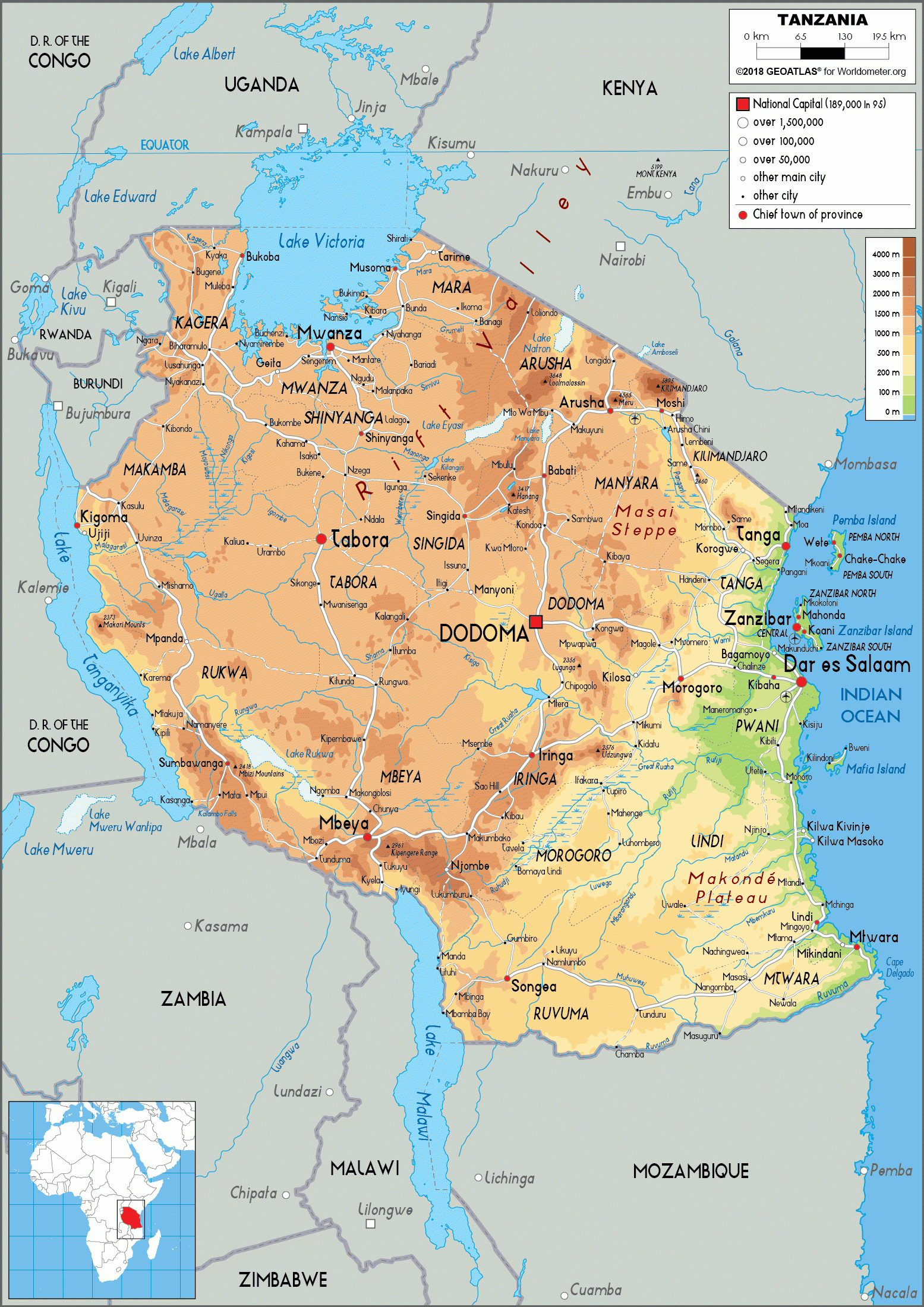 Tanzania Map Physical Worldometer