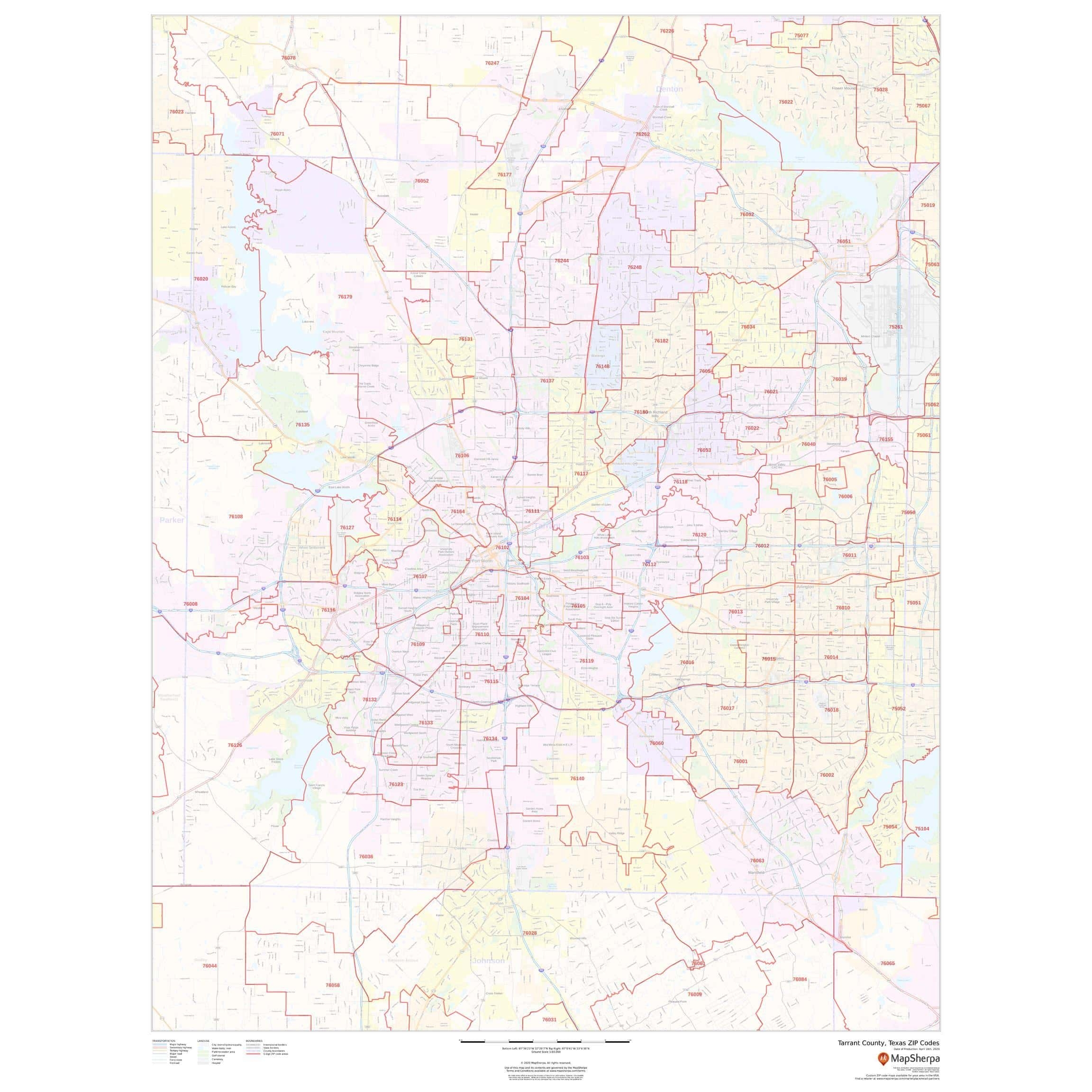Tarrant County Texas Zip Codes By Map Sherpa The Map Shop