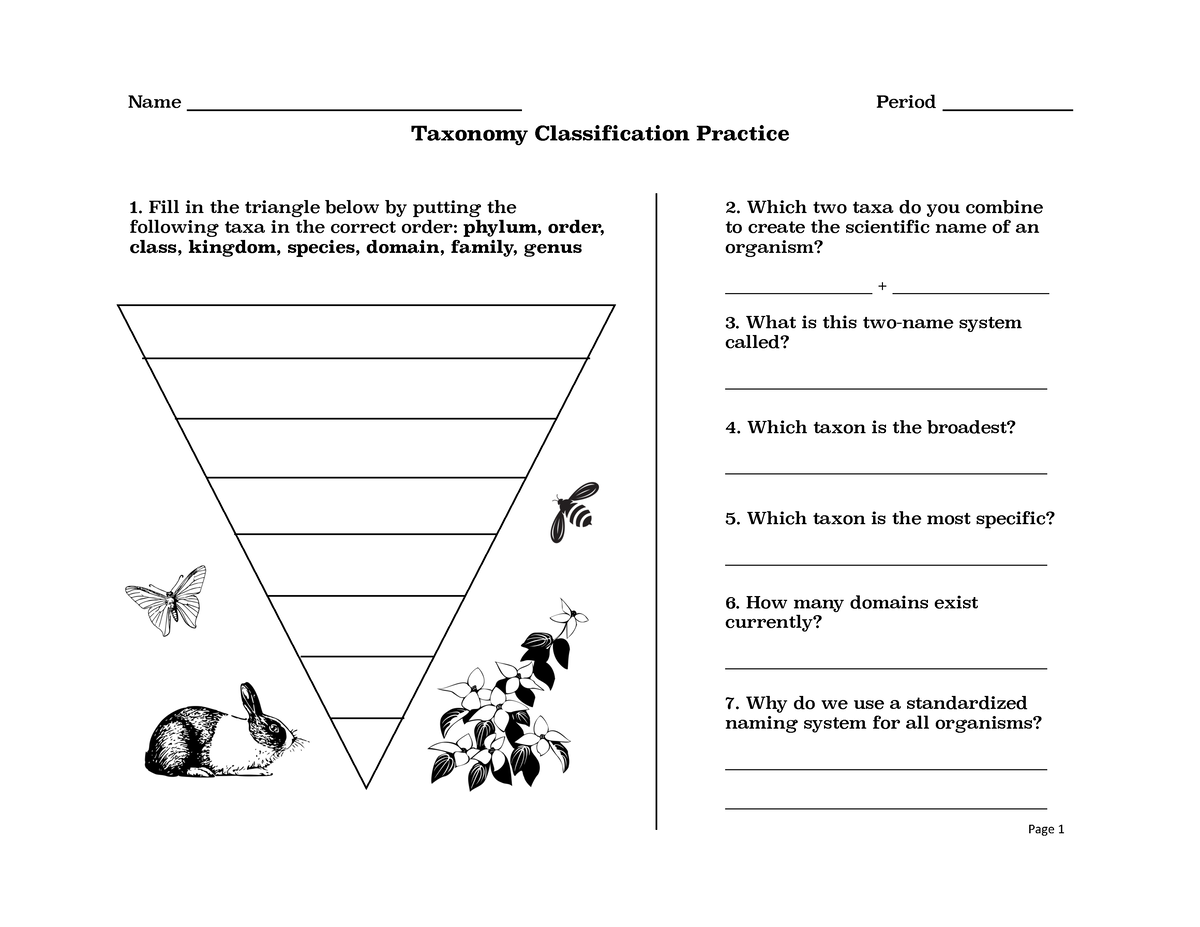 Taxonomy Classification Worksheet 1 Name Period Taxonomy Worksheets Library