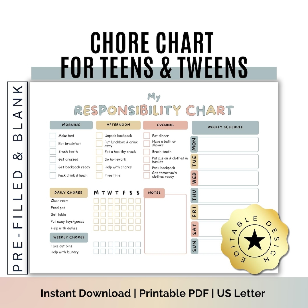Teen Chore Chart Editable Responsibility Chart Daily Weekly digital PDF Canva Template Etsy Teen Chore Chart Editable Responsibility Chart Daily Weekly digital PDF Canva Template Etsy