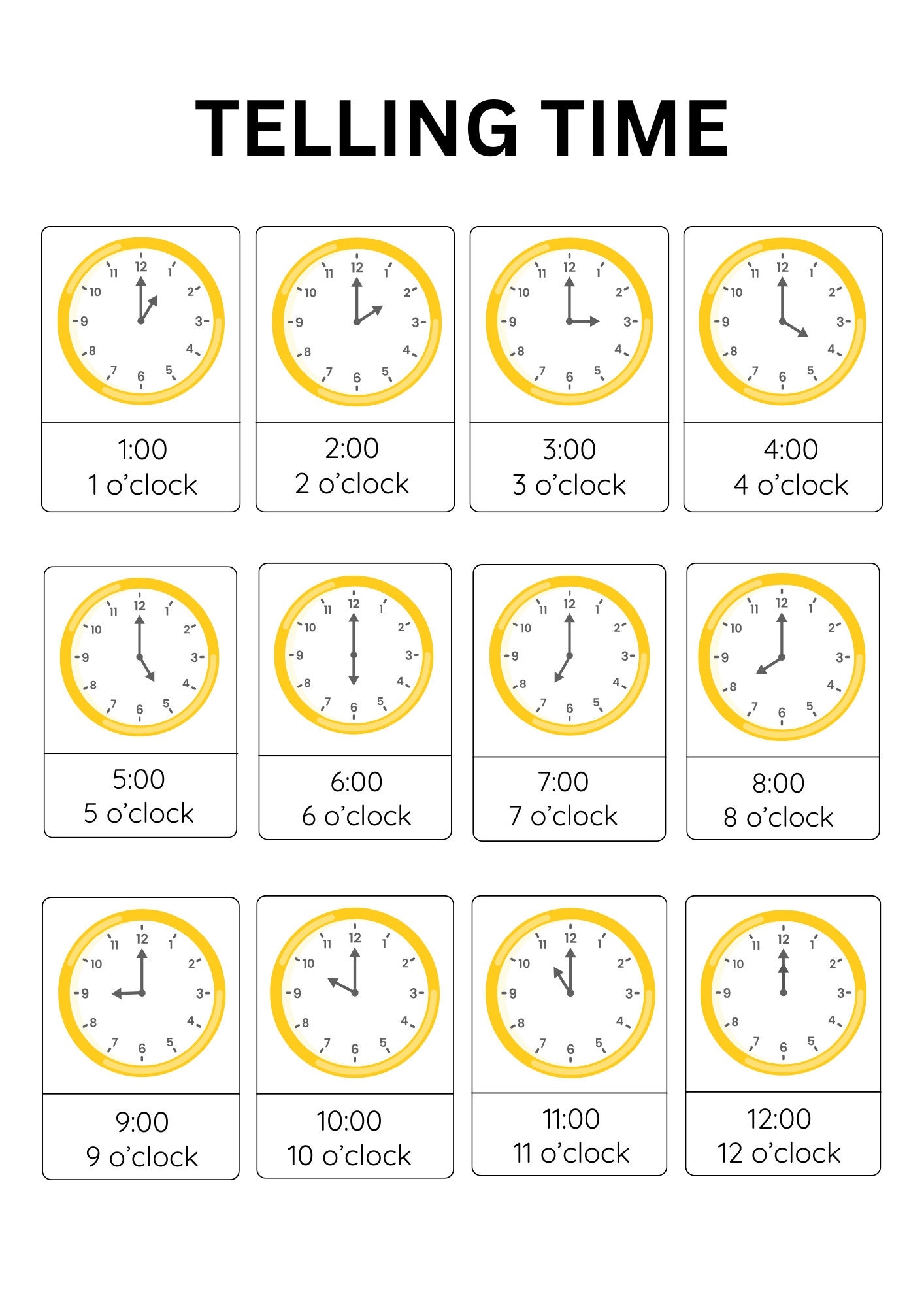 Telling Time Poster Clock Learning Chart digital Download Etsy