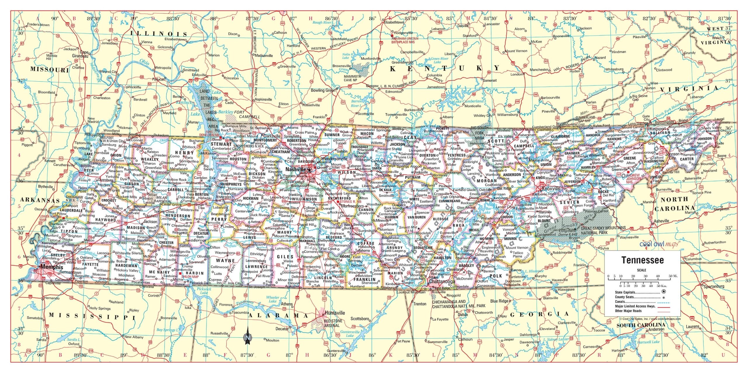 Tennessee State Wall Map Large Print Poster 36
