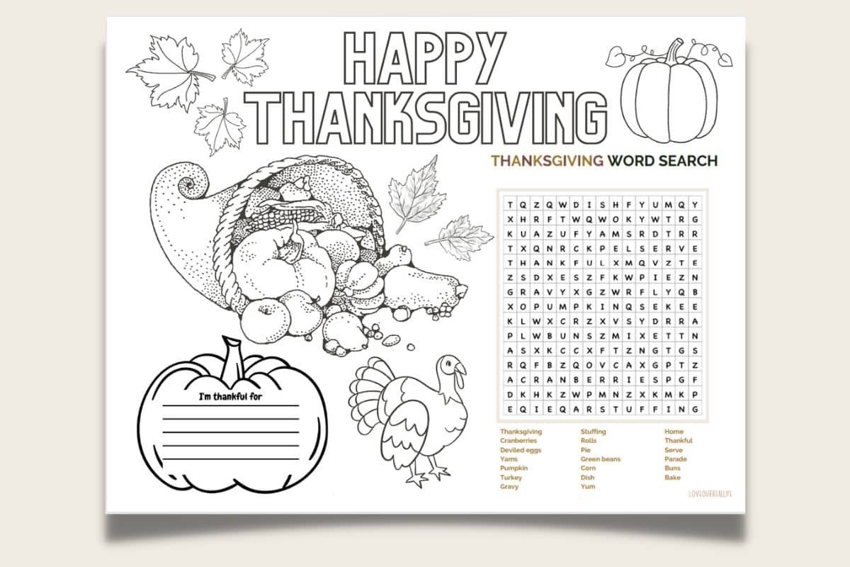 Thanksgiving Placemat Coloring Page Story Love Our Real Life