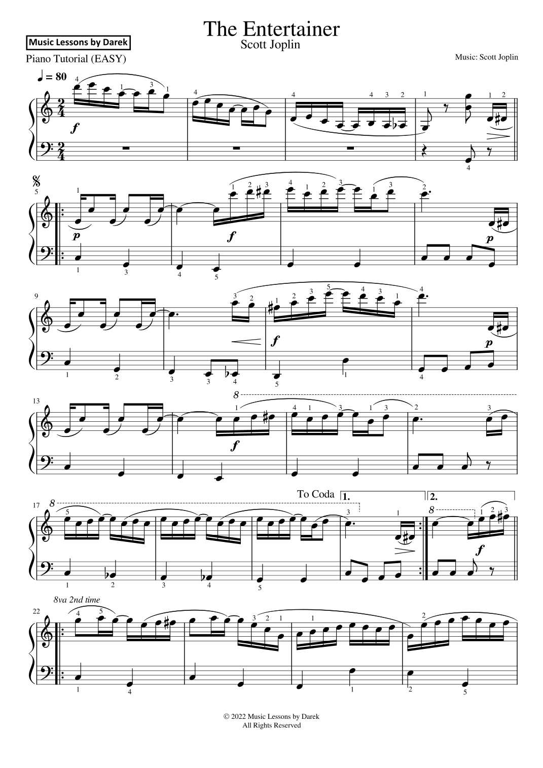The Entertainer EASY PIANO Scott Joplin arr Darek By Scott Joplin Sheet Music For Easy Piano At Sheet Music Direct