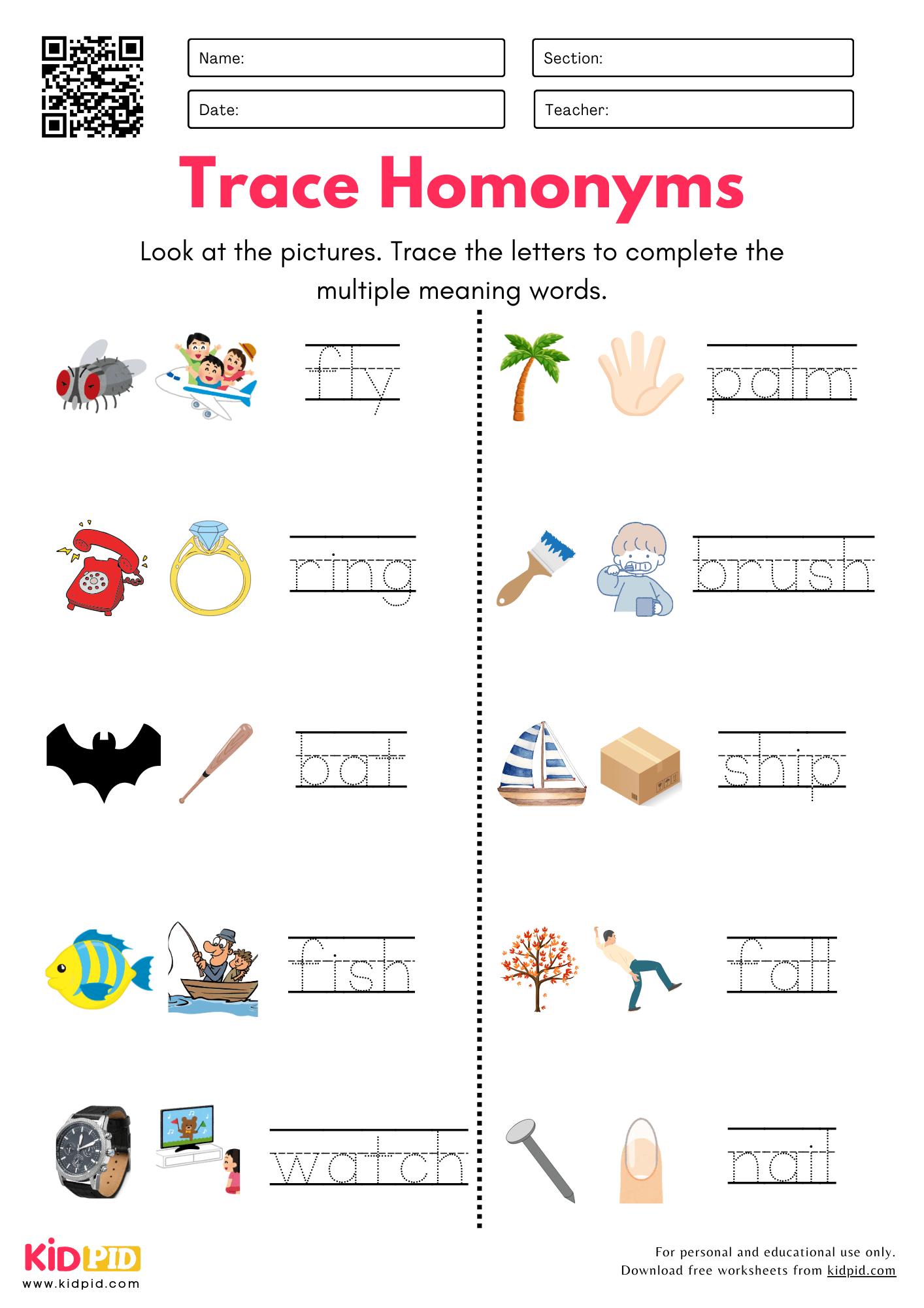 Trace Homonyms Worksheet For Kindergarten Kidpid