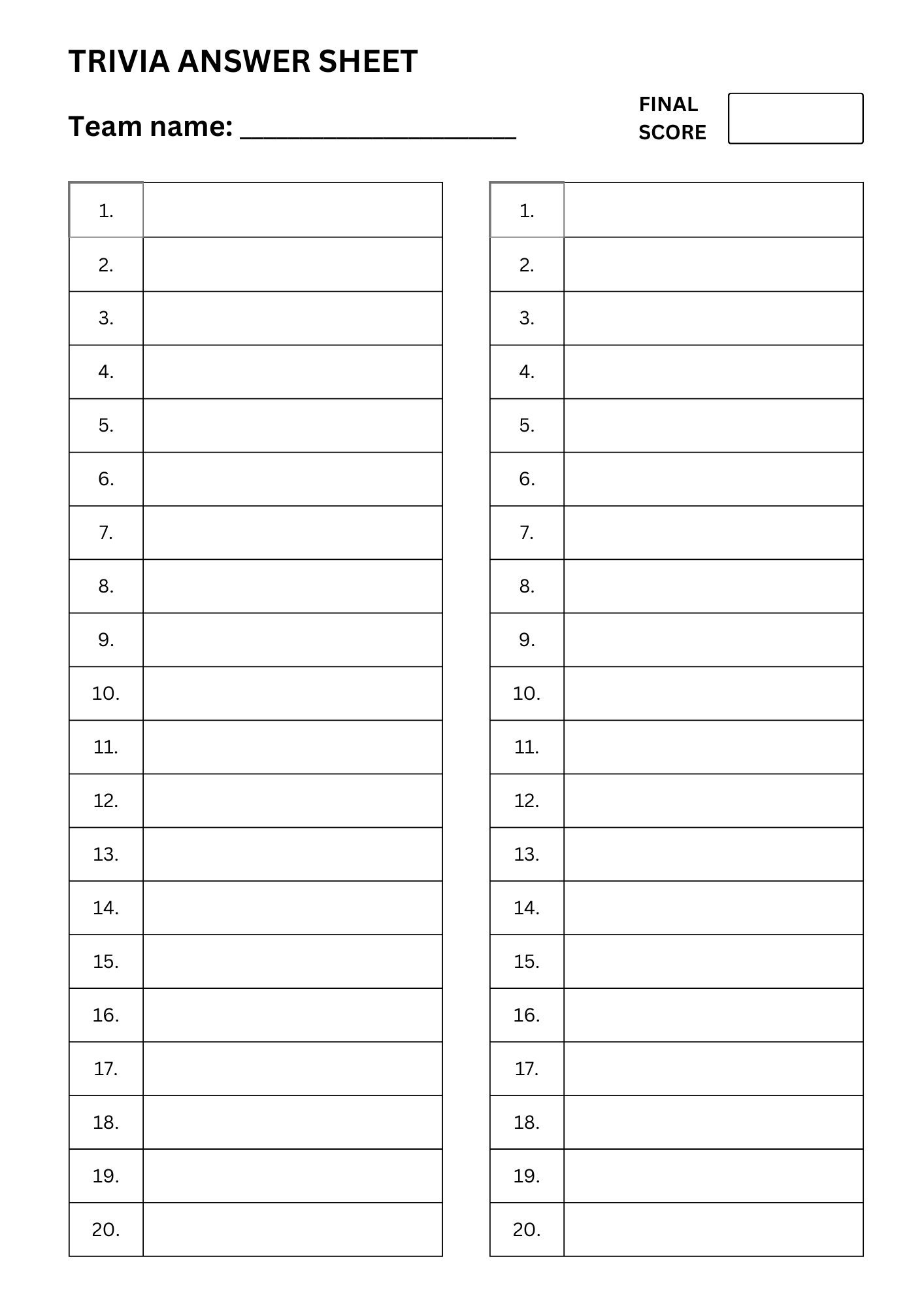 Trivia Sheet Printable