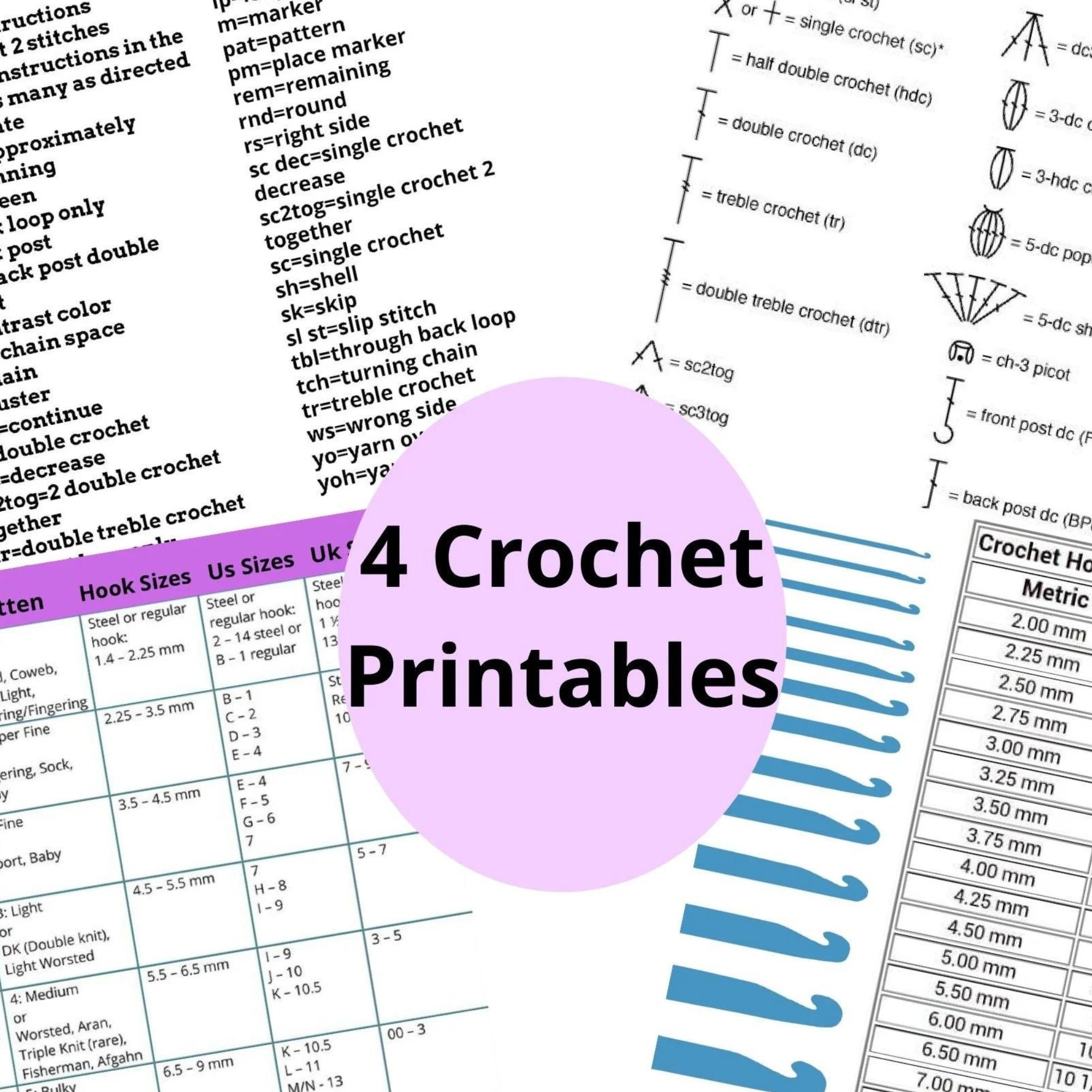 Ultimate Printable Crochet Charts Guide Hook Sizes Stitches Abbreviations Instant Download PDF Etsy