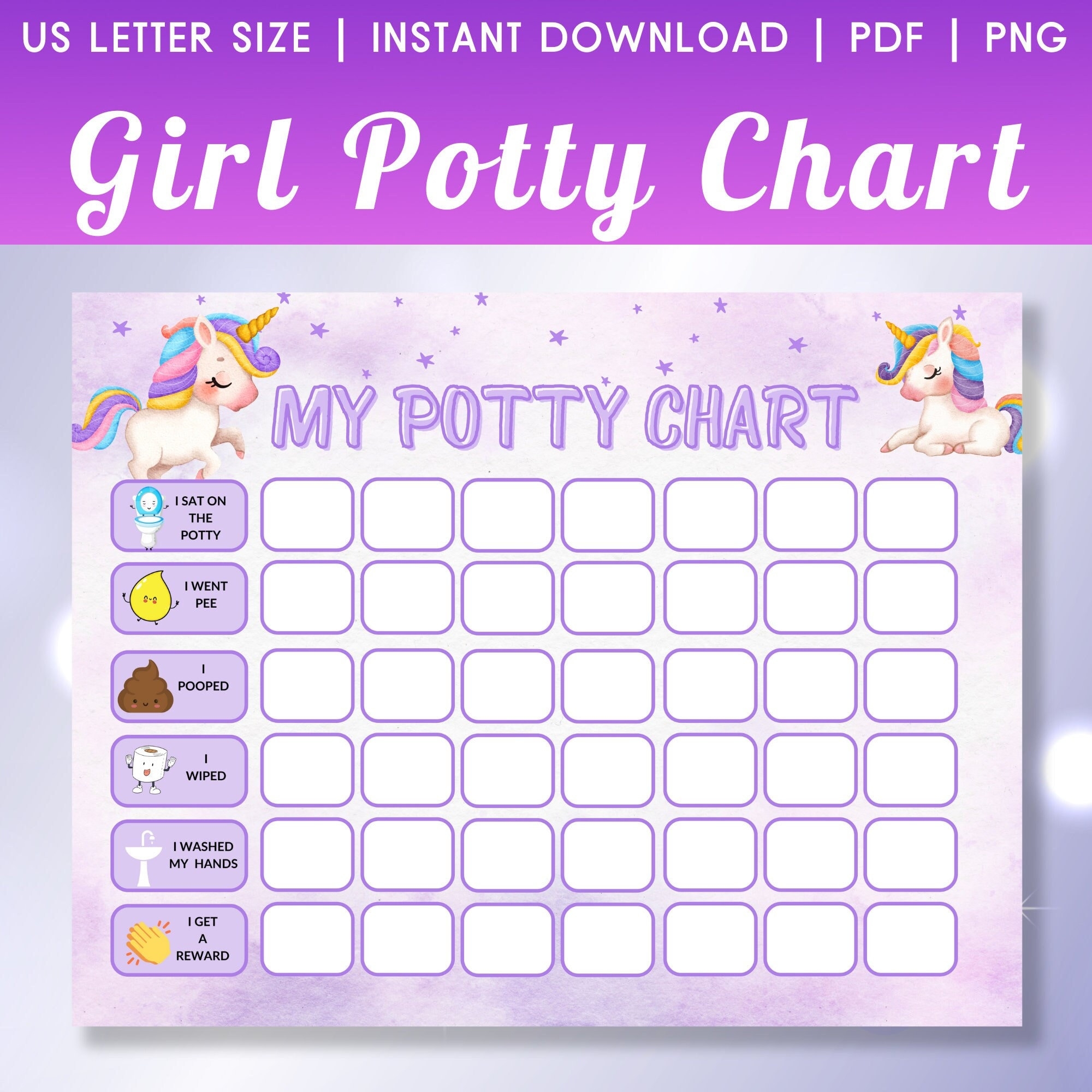 Unicorn Potty Chart For Girls Toilet Training Chart Kids Potty Chart Printable Reward Chart For Kids Reward Chart Toilet Training Chart Etsy