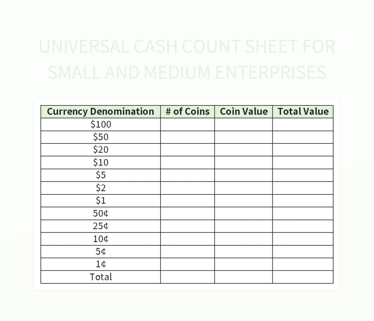 Universal Cash Count Sheet For Small And Medium Enterprises Excel Template And Google Sheets File For Free Download Slidesdocs Universal Cash Count Sheet For Small And Medium Enterprises Excel Template And Google Sheets File For Free Download Slidesdocs