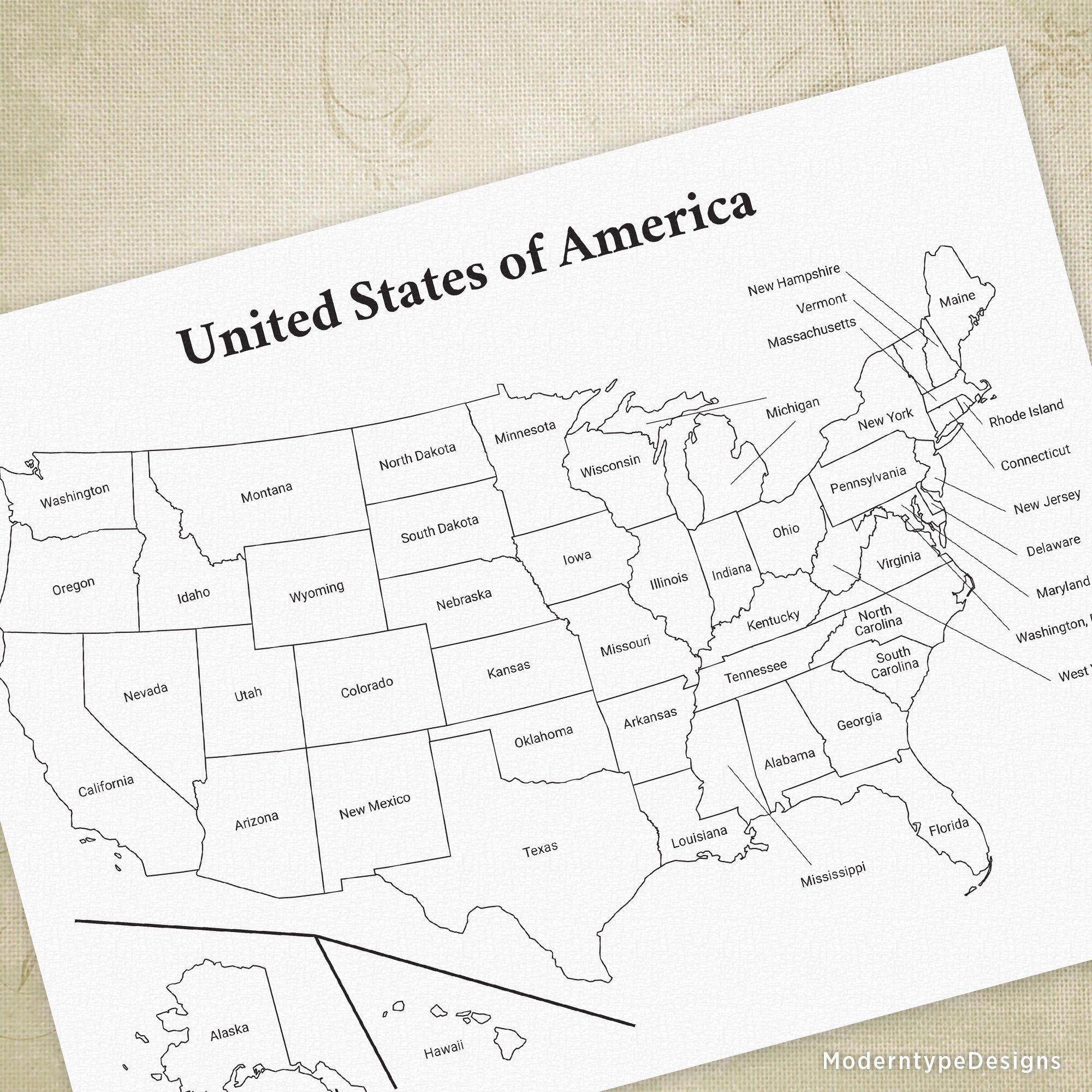USA Printable Map United States Of America Drawing Cha Ching States And Capitals Digital File Instant Download Map001 Etsy