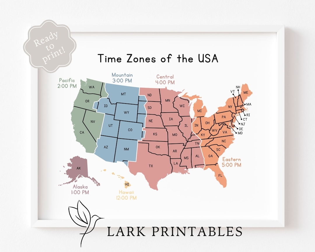 USA Time Zones Map Educational Classroom Poster digital Download Etsy