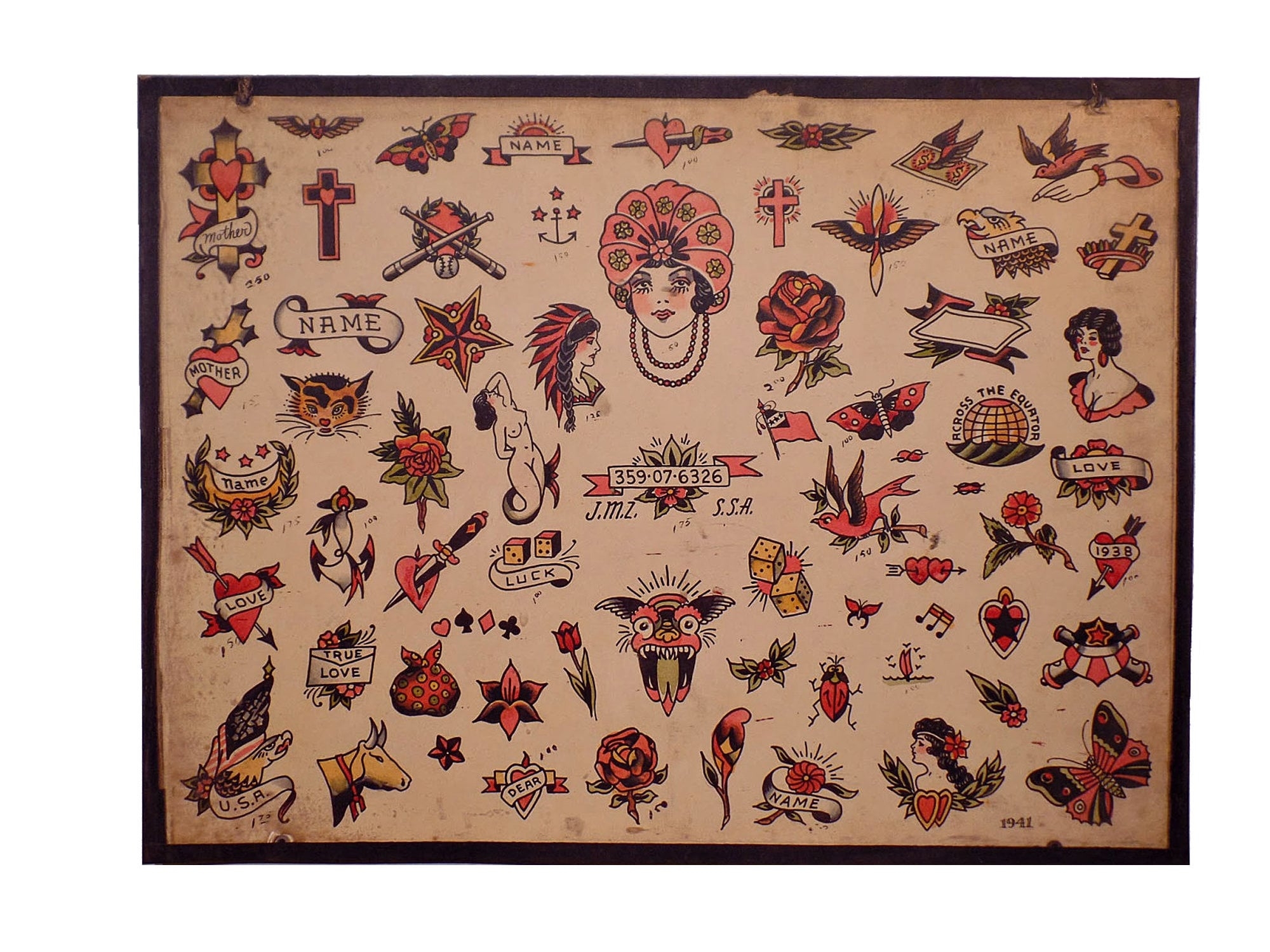Vintage Tattoo Flash Sheet Traditional Tattoo Print Tattoo Art Wall Print Milton Zeis Etsy