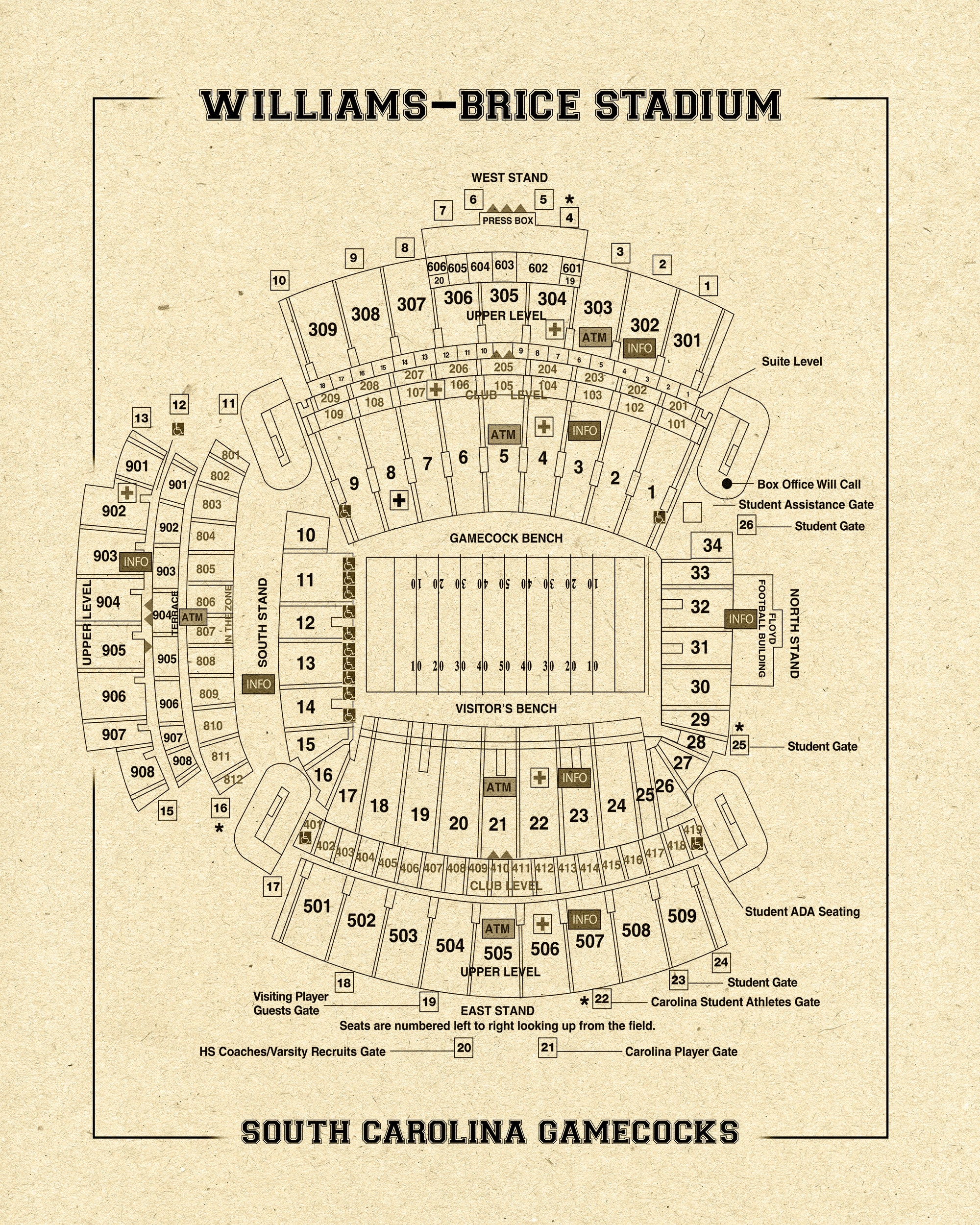 Vintage Williams Bryce Stadium Seating Chart Print South Carolina Gamecocks Etsy Israel