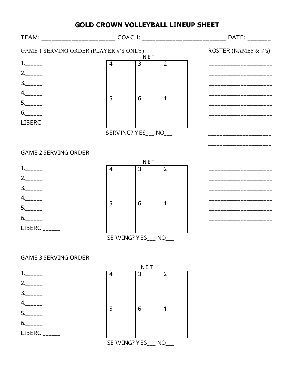 Volleyball Lineup Sheet Template Gold Crown Foundation Download Printable PDF Templateroller